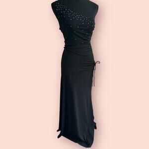 Vtg Y2K Gown Womens Medium Black One Shoulder Rhinestone Dress Slit Ruched Prom